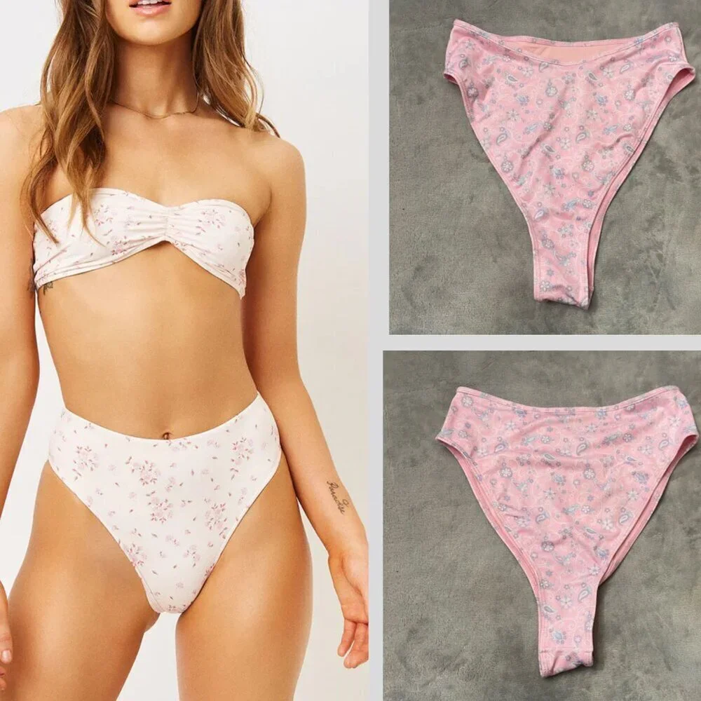 New! Frankies Bikini's Pink Paisley Floral High Rise Bikini Bottom 10724